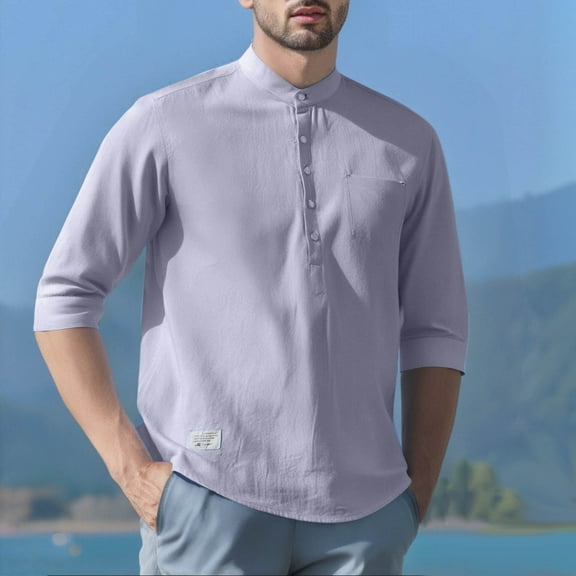 Men's Henley Shirt, Casual Short Sleeve Top with Stand Collar, Relaxed Fit Button Up Shirt for Men