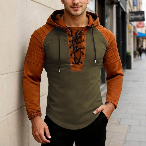 Men's Henley Shirt Hooded Long Sleeve Sweatshirt Lace Up Vintage T-shirt (Army Green L)