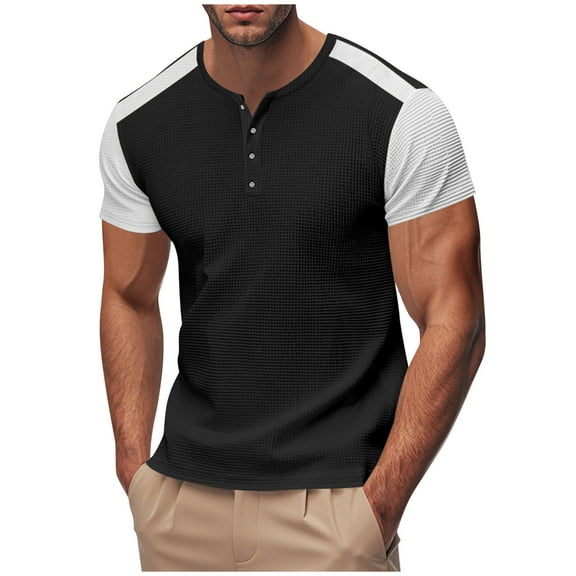 Men's Henley Shirt Short Sleeve Casual Waffle T-Shirt Men's Summer Solid Color Button T-Shirt Tops