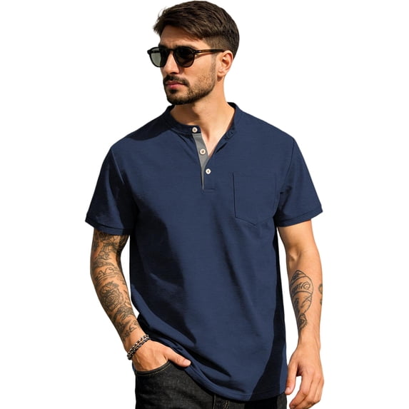 Men's Henley Shirt Short Sleeve Cotton Casual T-Shirt With Chest Pocket Contrast Button Placket Regular Fit Summer Tops for Daily Wear,M