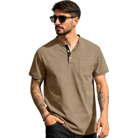 Men's Henley Shirt Short Sleeve Cotton Casual T-Shirt With Chest Pocket Contrast Button Placket Regular Fit Summer Tops for Daily Wear,S