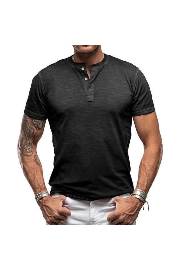 Men's Henley Shirt Short Sleeve Slub Cotton 2 Button Placket Regular Fit Casual Summer Tops for Daily Outdoor Wear,S