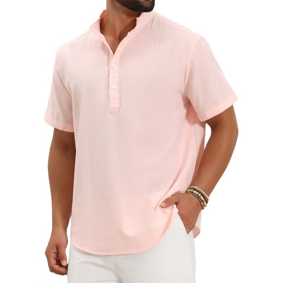 Men's Henley Shirt Solid Color Stand Collar Short Sleeve Linen Shirt 2XL Pink