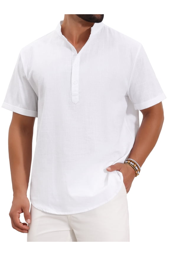 Men's Henley Shirt Solid Color Stand Collar Short Sleeve Linen Shirt M White