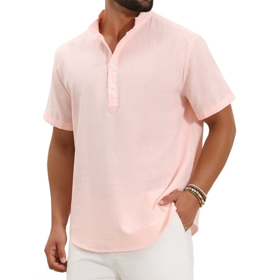 Men's Henley Shirt Solid Color Stand Collar Short Sleeve Linen Shirt XL Pink