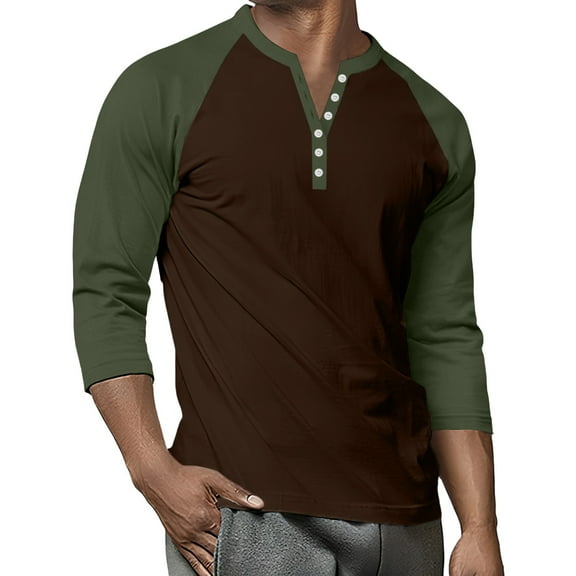 Men's Henley Shirts 3/4 Sleeve Casual Lightweight Pullover Shirts Fashion Color Block Button T-Shirts