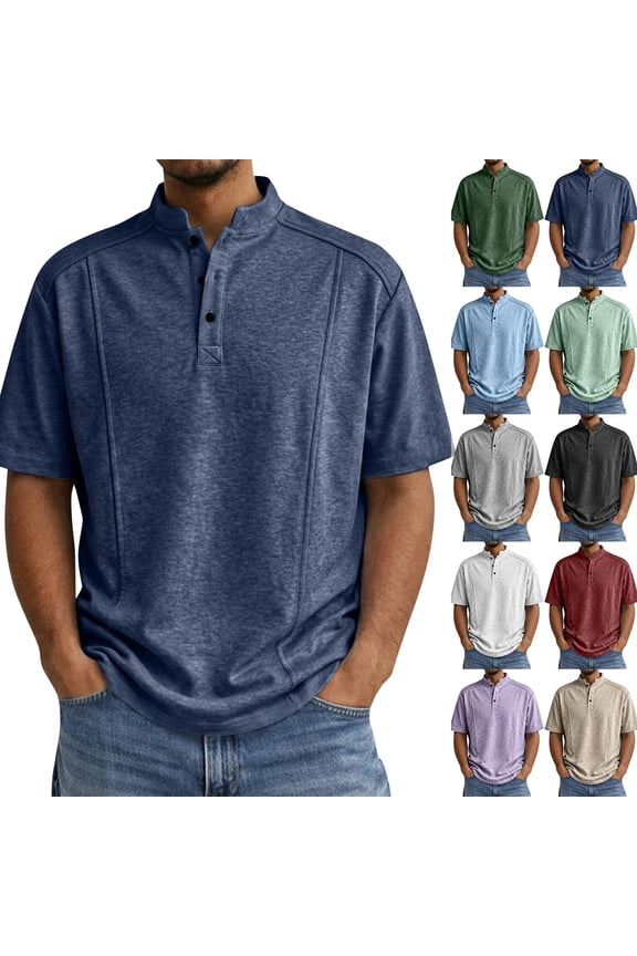 Men's Henley Shirts Banded Stand Collar Short Sleeve Button Placket Relaxed Fit Golf Shirts Golf Tennis Sports Casual T Shirts ,S,#01 Navy