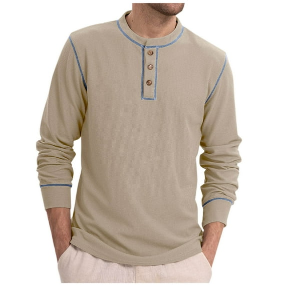 Men's Henley Shirts Big and Tall Long Sleeve Casual Classic Button T-Shirts Fall Crew Neck Loose Tops for Men (Beige S)