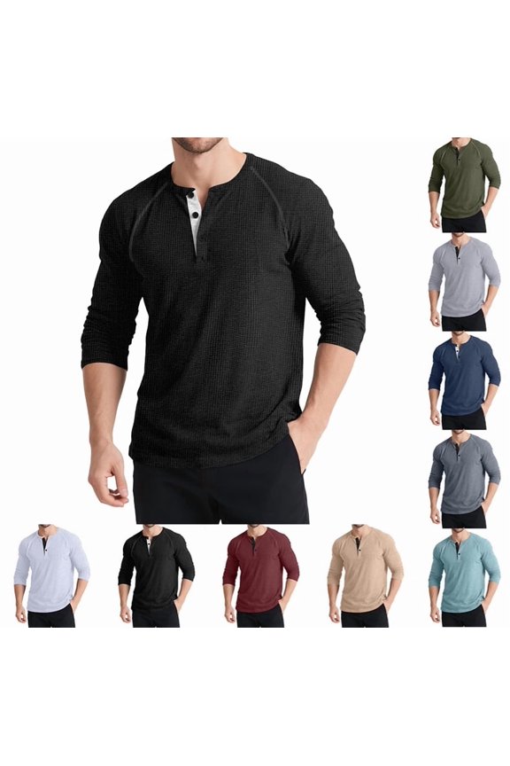 Men's Henley Shirts Casual Long Sleeve Thermal Shirt for Men Slim Fit Basic Button Tee Black M