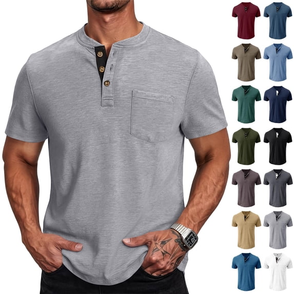 Men's Henley Shirts Casual Short Sleeve Button T-Shirt with Pocket, L