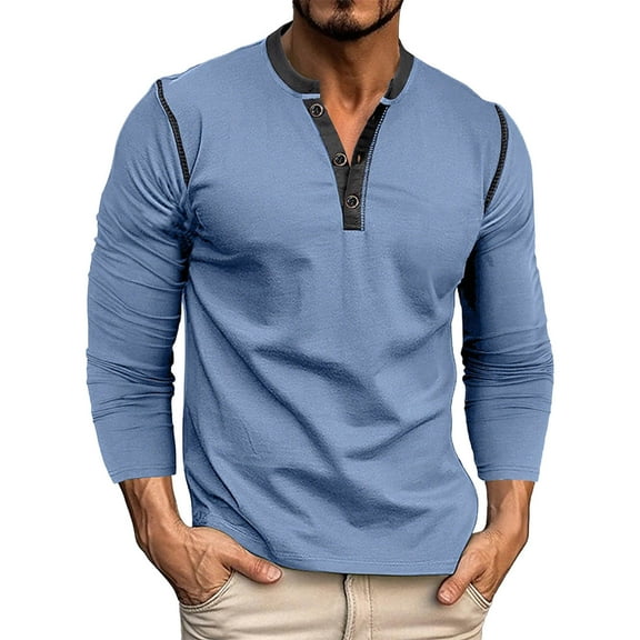 Men's Henley Shirts Classic Casual Basic Tee Solid Color Long Sleeve V Neck Lightweight Pullover