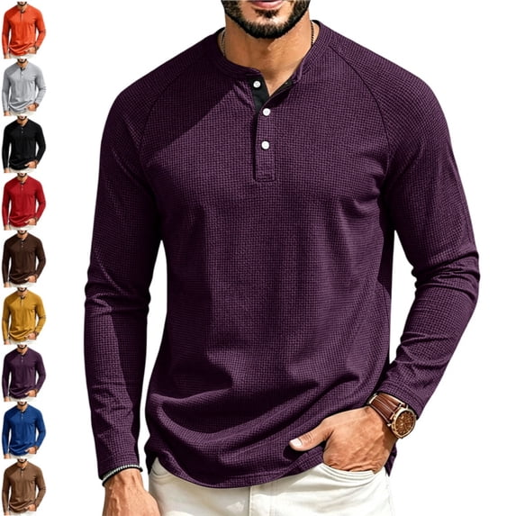 Men's Henley Shirts Long Raglan Sleeve Slim Fit Button T-Shirts Casual Pullover Tops with Pocket Dark Purple 2XL