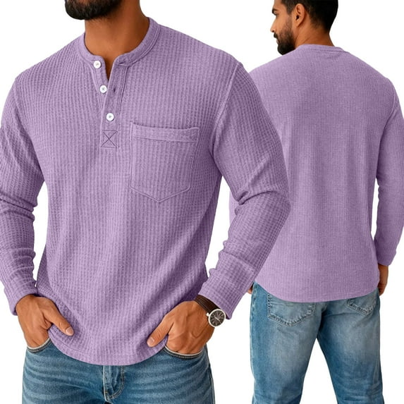 Men's Henley Shirts Long Sleeve Basic Waffle Knit Pullover T-Shirt with Pocket