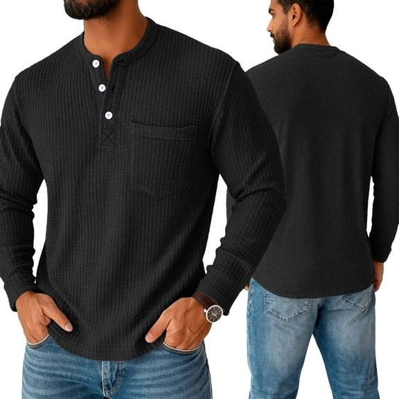 Men's Henley Shirts Long Sleeve Basic Waffle Knit Pullover T-Shirt with Pocket