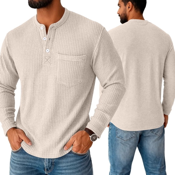 Men's Henley Shirts Long Sleeve Basic Waffle Knit Pullover T-Shirt with Pocket