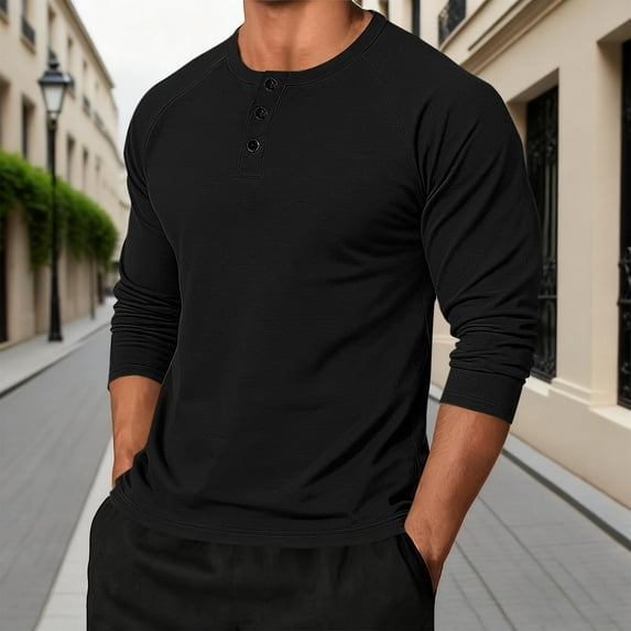Men's Henley Shirts Long Sleeve Casual Classic T-Shirts Button Pullover Solid Color Crewneck Tee Shirts Fitness Sports Basic Tops