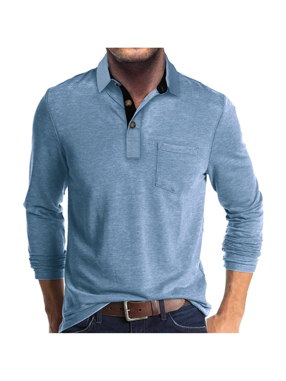Men's Henley Shirts Long Sleeve Cotton 3 Button Casual Collared T-Shirt Winter Fall Golf Shirt with Pocket Mens Fashion Henley Shirts Golf Shirts, Light Blue&L