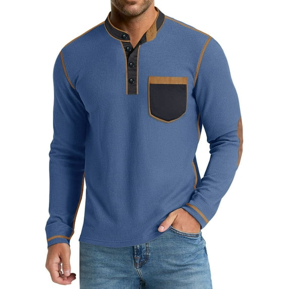 Men's Henley Shirts Long Sleeve Stand Collar Button Down Color Block T-Shirt Casual Stylish Pullover Tops With Pocket (M, Blue)