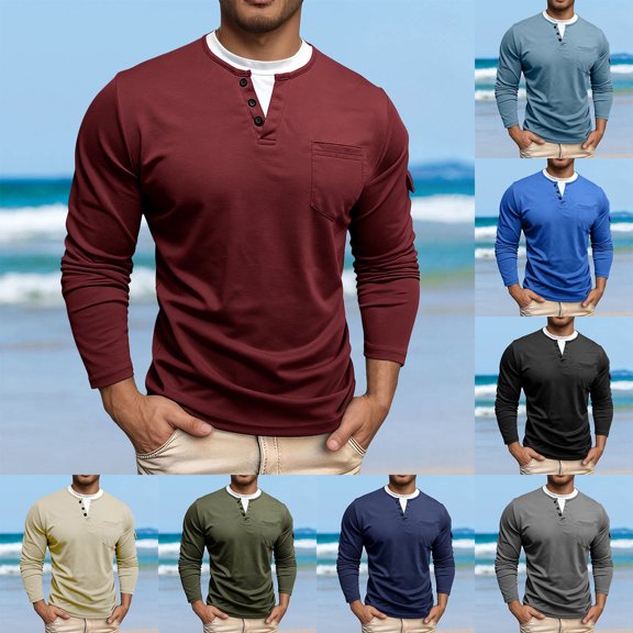 Men's Henley Shirts Long Sleeve V Neck Patchwork T-Shirt Classic Basic With Button Tees Tops Red S