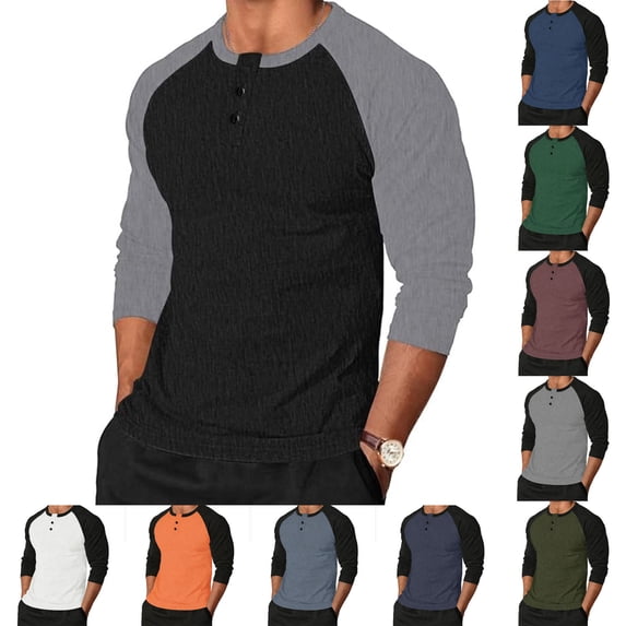 Men's Henley Shirts Old Money Style Color Block Raglan Sleeve Casual Long Sleeve Button Crew Neck Basic Tops