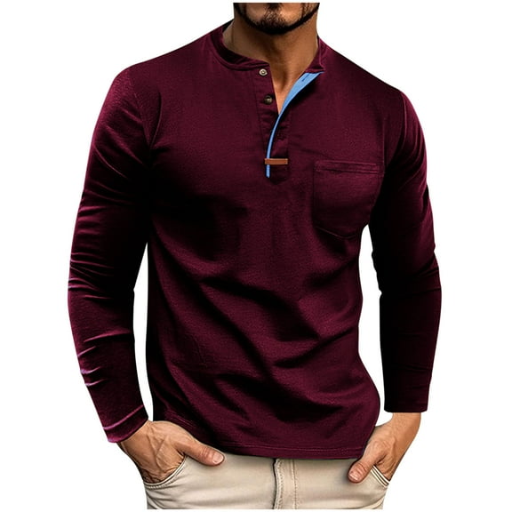 Men's Henley Shirts Polo Shirts Golf Shirt Casual Solid Color Long Sleeve Tops with Pocket