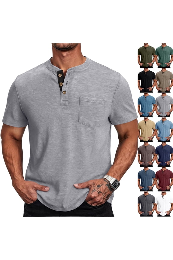 Men's Henley Shirts Short Sleeve Button Cotton Tee with Chest Pocket, Casual Summer Lightweight Classic T-Shirt Tops ,XL,Light Gray