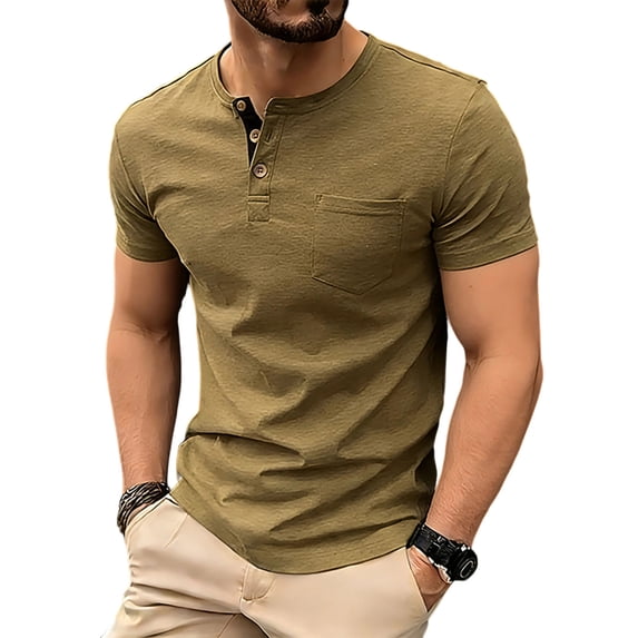 Men's Henley Shirts Short Sleeve Fitted Cotton Muscle T-Shirt with Button and Pocket Army Green
