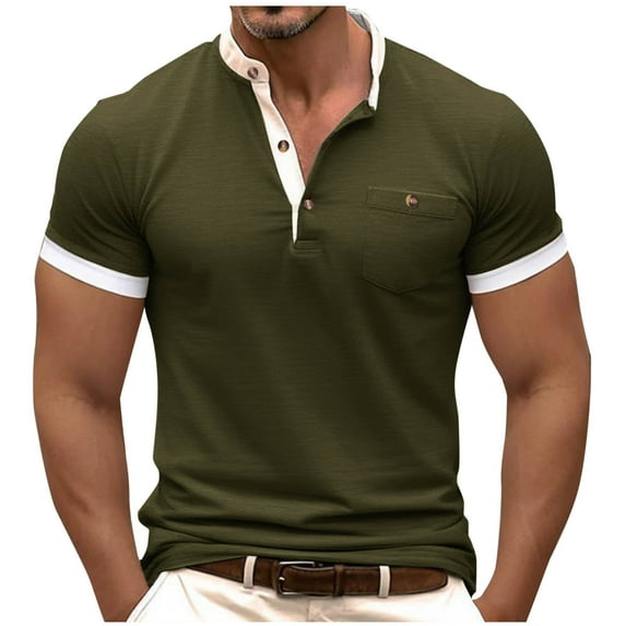 Men's Henley Shirts Vintage Short Sleeve T-Shirts Washed Cotton Casual V-Neck Button Tee Shirts Army Green L
