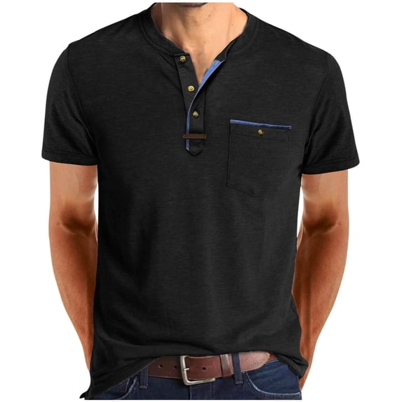 Men's Henley Short Sleeve Button T-Shirt Summer Vintage Lightweight T-Shirt with Pockets