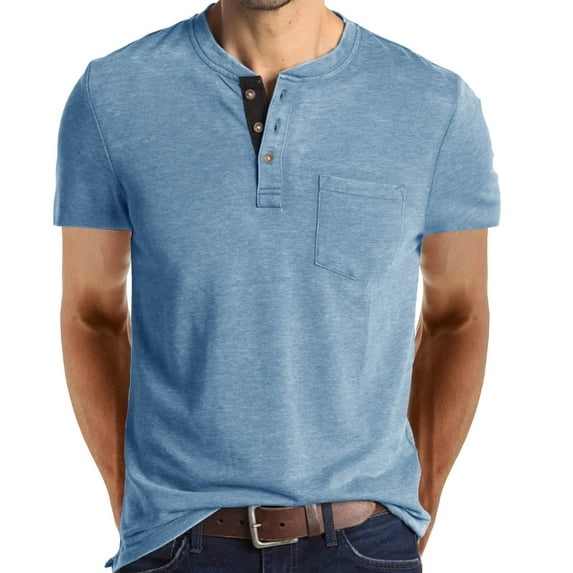 Men's Henley Short Sleeve T-Shirt Casual Solid Color Vocation Tees with Pocket, M