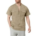 thumbnail image 1 of Men's Henley Short Sleeve T-Shirts Casual Band Collar Button Up Shirts Solid Color Summer Beach Vacation Pullover Tops with Pocket, 1 of 6