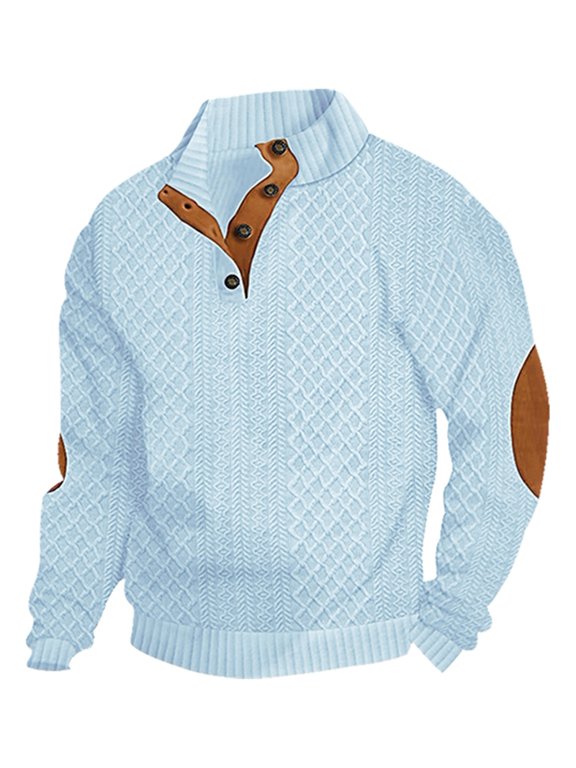 Men's Henley Stand Collar Elbow Patch Cable Knit Sweater L