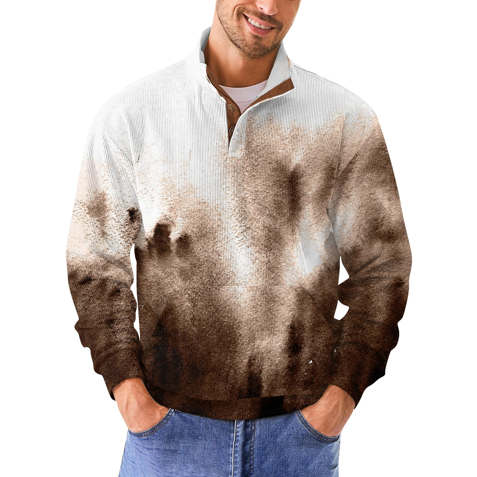 Men's Henley Sweatshirt Stand Collar Button Up Shirts Long Sleeve