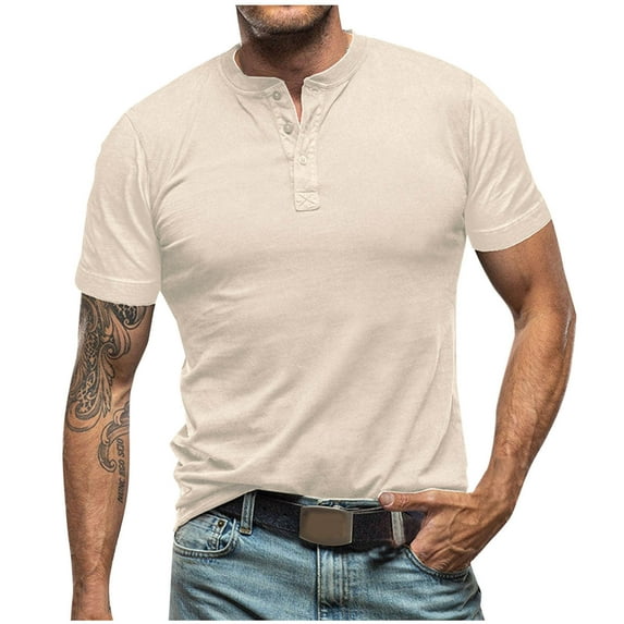 Men's Henley T-Shirt Casual Crew Neck Short Sleeve Button Shirts Summer Fashion Solid Color Basic Tee Tops