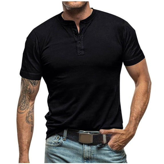 Men's Henley T-Shirt Casual Crew Neck Short Sleeve Button Shirts Summer Fashion Solid Color Basic Tee Tops