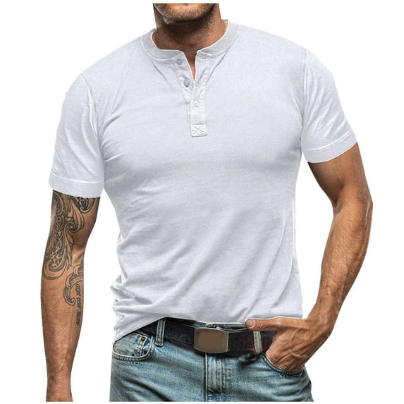 Men's Henley T-Shirt Casual Crew Neck Short Sleeve Button Shirts Summer Fashion Solid Color Basic Tee Tops