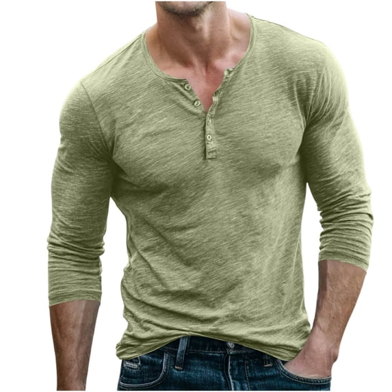Men's Henley T‑Shirt Long Sleeve, Solid Vintage Athletic Muscle Fit Shirt Button Placket Tee for Gym Sport Business Casual Daily Wear