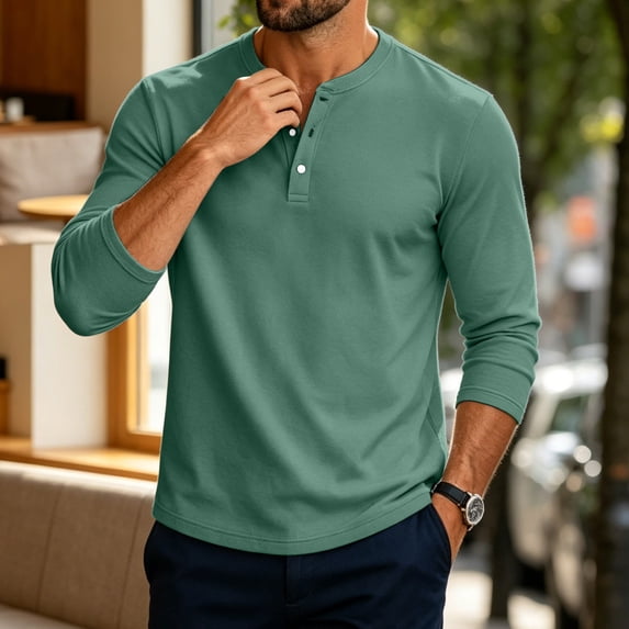 Men's Henley T-Shirts Long Sleeve Button Pullover Shirt Casual Basic Tees Fall Winter Trendy Shirt 3XL