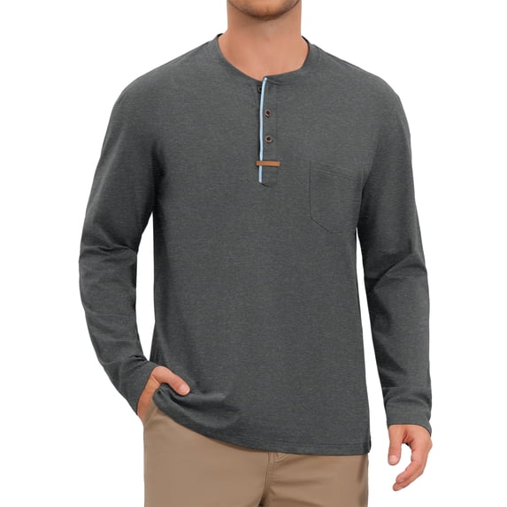 Men's Henley T-Shirts Long Sleeve Casual Button Cotton Pullover Tee Shirt 3XL Dark Gray
