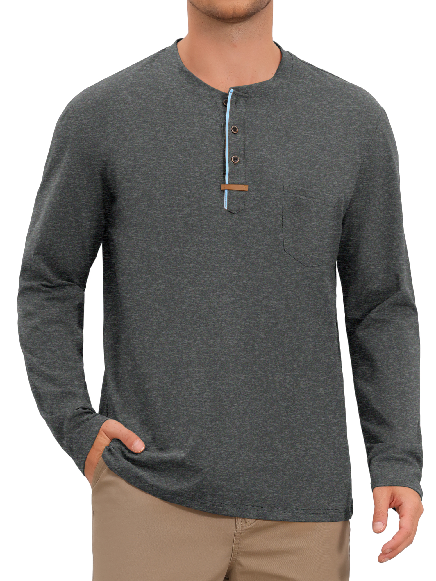 Men's Henley T-Shirts Long Sleeve Casual Button Cotton Pullover Tee Shirt S Dark Gray