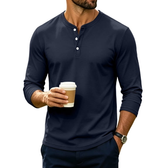 Men's Henley T-Shirts Long Sleeve Pullover Shirt Casual Heavyweight Shirts Basic Tees