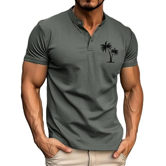 Men's Henley T-Shirts Summer Stylish Palm Tree Print Button Up Short Sleeve Tees Classic Muscle Fit Athletic Pullover Tops Z001-Grey XXL