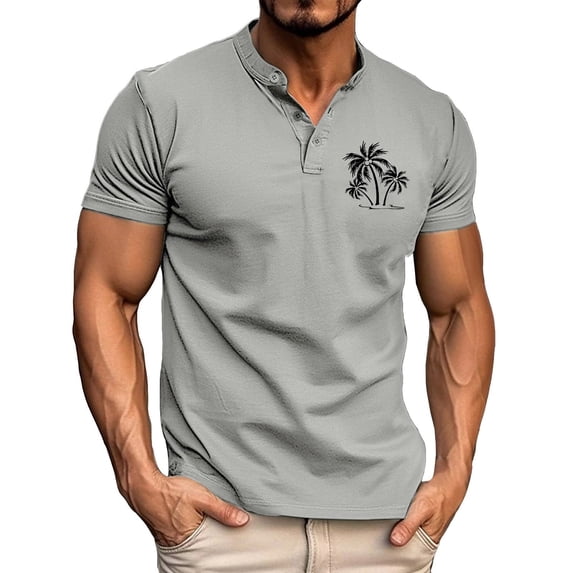 Men's Henley T-Shirts Summer Stylish Palm Tree Print Button Up Short Sleeve Tees Classic Muscle Fit Athletic Pullover Tops Z002-Light Gray L