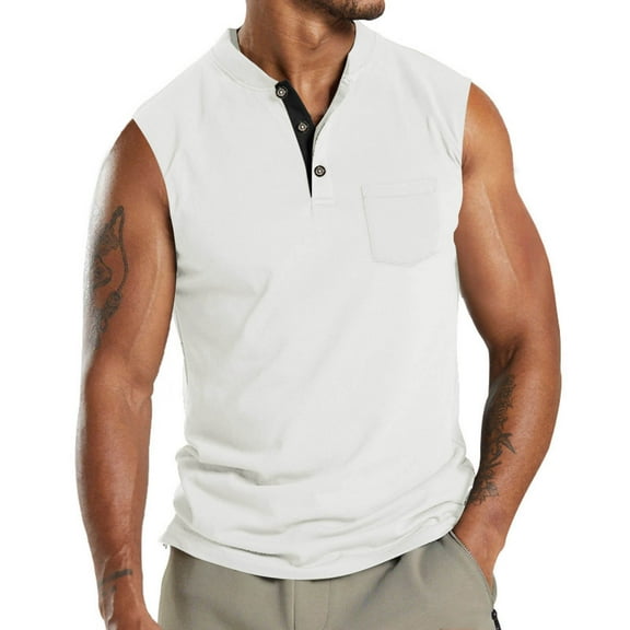 Men's Henley Tank Top – Sleeveless V-Neck Button-Up Muscle Tee with Pocket, Lightweight Linen Blend for Summer Beach & Gym
