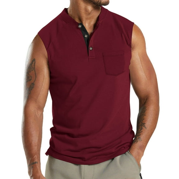 Men's Henley Tank Top – Sleeveless V-Neck Button-Up Muscle Tee with Pocket, Lightweight Linen Blend for Summer Beach & Gym