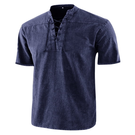 Men's Henley V Neck Short Sleeve T-Shirts Lace Up Band Collar Casual Summer Shirts Fashion Viking Medieval Renaissance Style Hippie Beach Tops Lightweight Breathable Fashion Streetwear