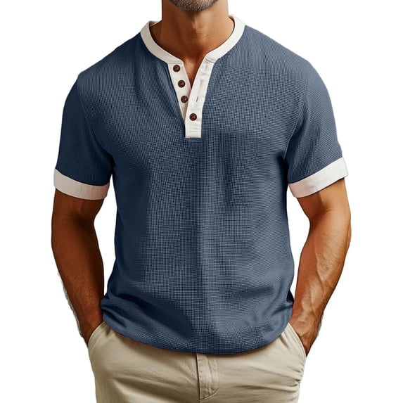 Men's Henley Waffle T-shirt Summer Casual Color Block Short Sleeve Shirts BIG AND TALL Business wear