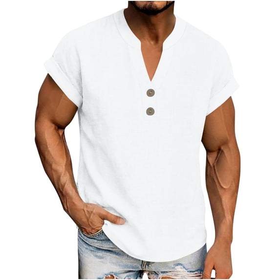Men's Henleys Cotton Linen T Shirts Oversized V Neck Button Short Sleeve Shirt Tops Summer Casual Solid Plus Size Loose Breathable Beach Vacation Tee Shirt