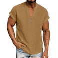 thumbnail image 1 of Men's Henley Cotton Linen T Shirt Oversized V Neck Button Short Sleeve Shirt Top Summer Plus Size Loose Breathable Beach Vacation Tee Shirt, 1 of 8