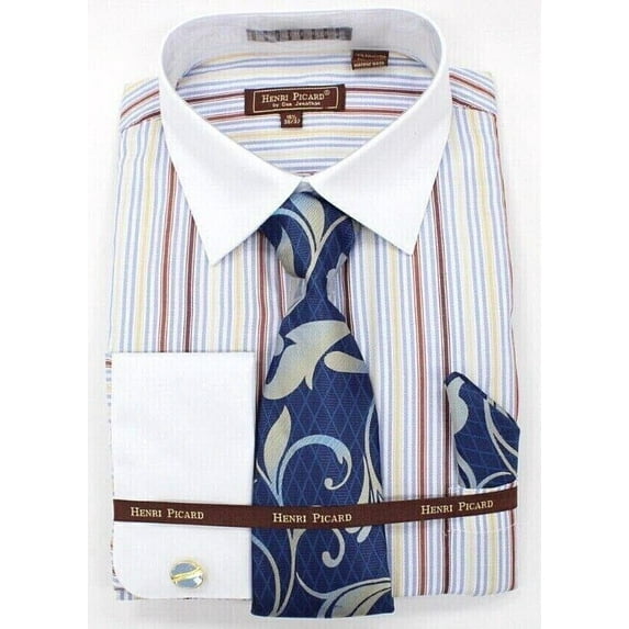 Men's Henri Picard White & Blue Striped Multi-Color French Cuff Shirt Set